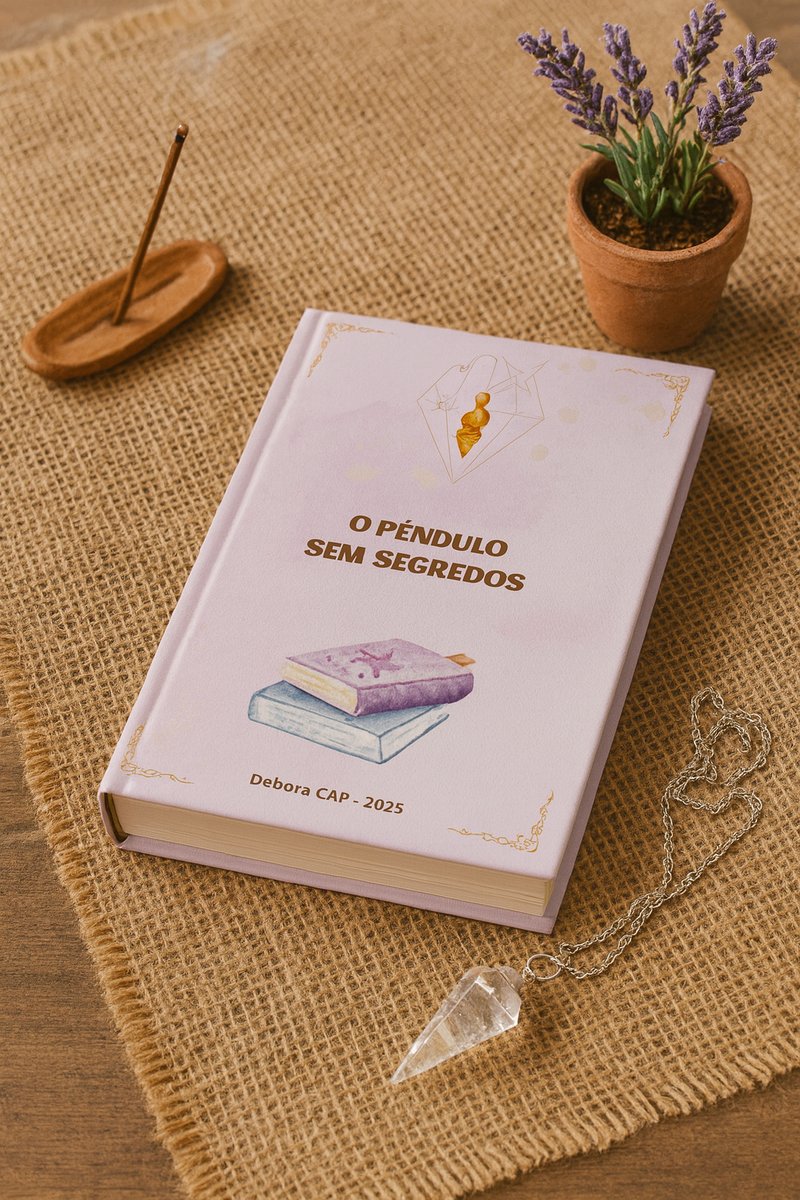 Livro O Pêndulo sem Segredos, de Débora Cátia, ao lado de um pêndulo de cristal